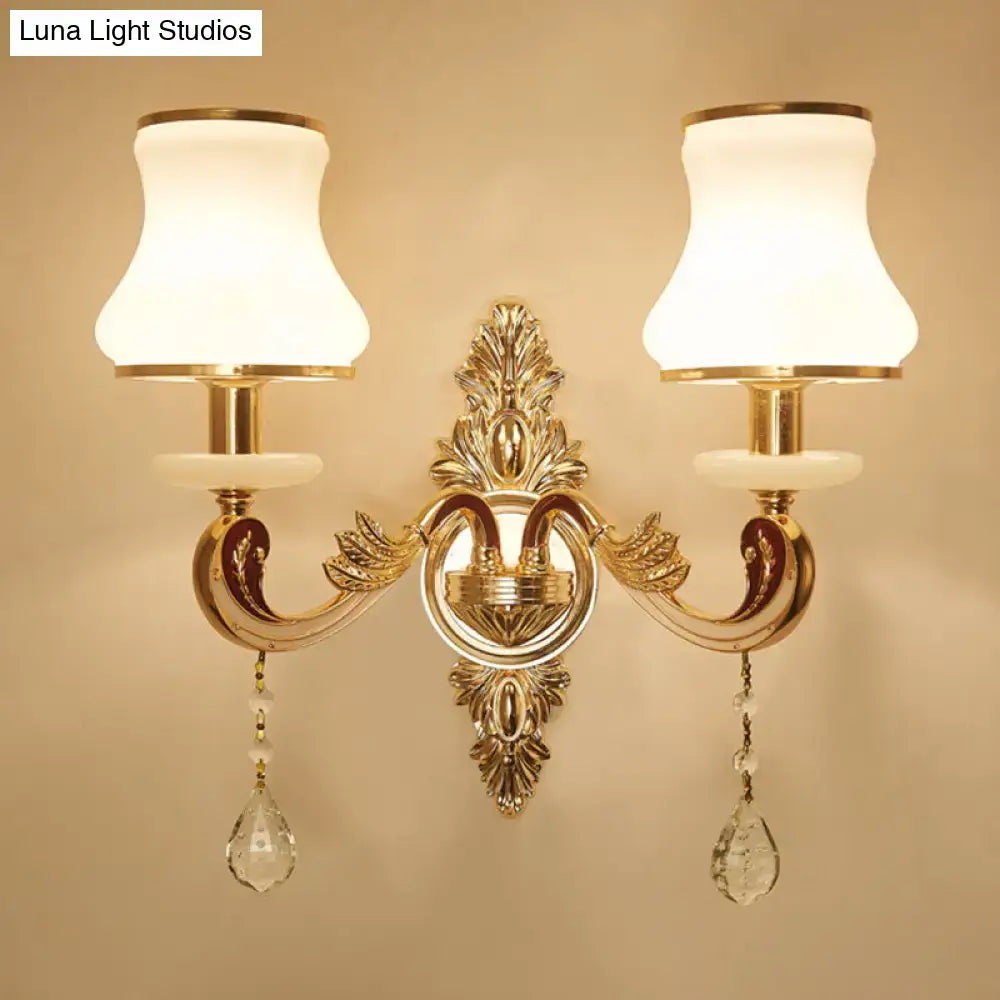 Gold Glass Shade Sconce by Decorbites; ornate gold brass wall sconce with crystal drops on Tampa Home & Garden Store
