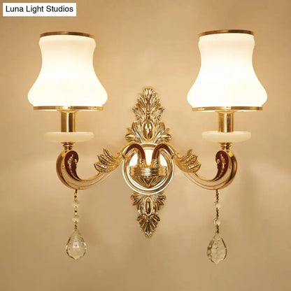 Gold Glass Shade Sconce by Decorbites; ornate gold brass wall sconce with crystal drops on Tampa Home & Garden Store