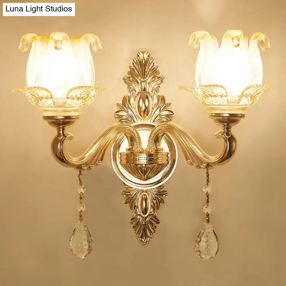 Gold Glass Shade Sconce by Decorbites, 2-light dual-arm gold wall light with crystal drops on Tampa Home & Garden Store