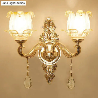 Gold Glass Shade Sconce by Decorbites, 2-light dual-arm gold wall light with crystal drops on Tampa Home & Garden Store