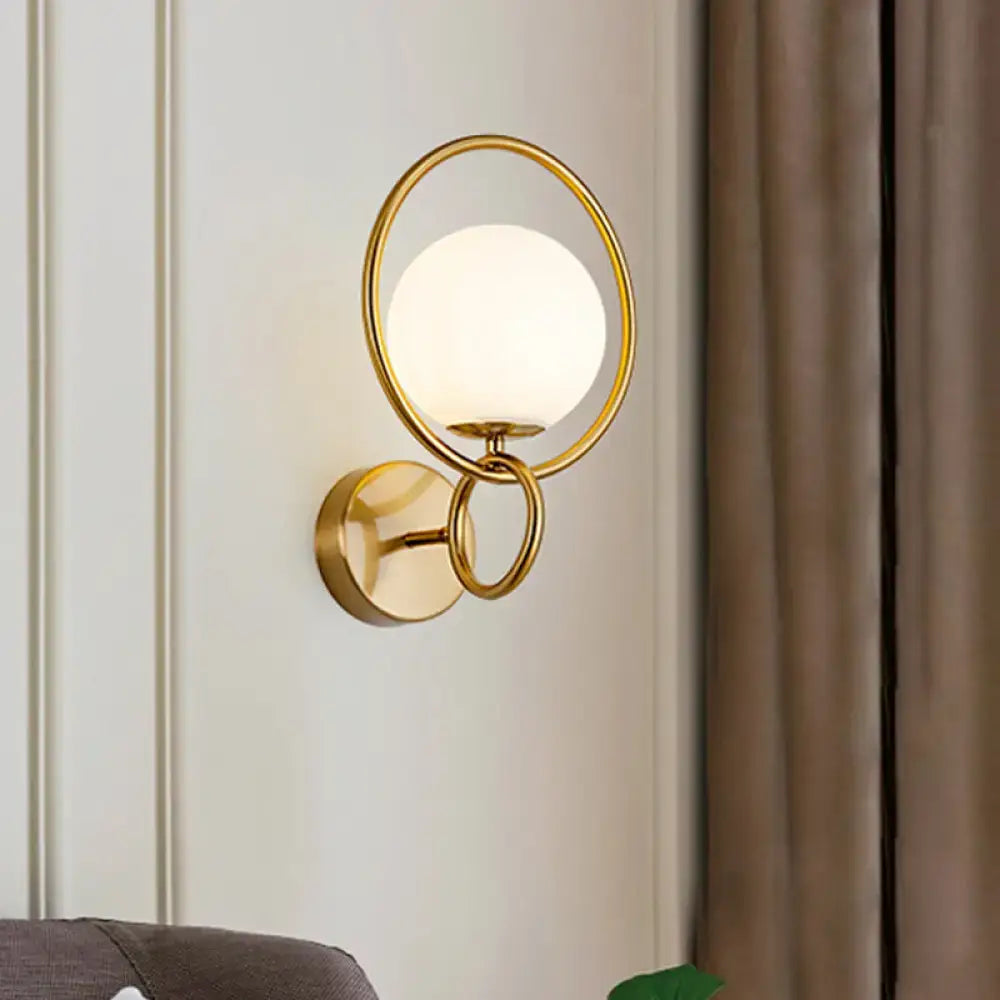 Gold White Glass Sconce with circular ring and frosted globe wall light Decorbites on Tampa Home & Garden Store