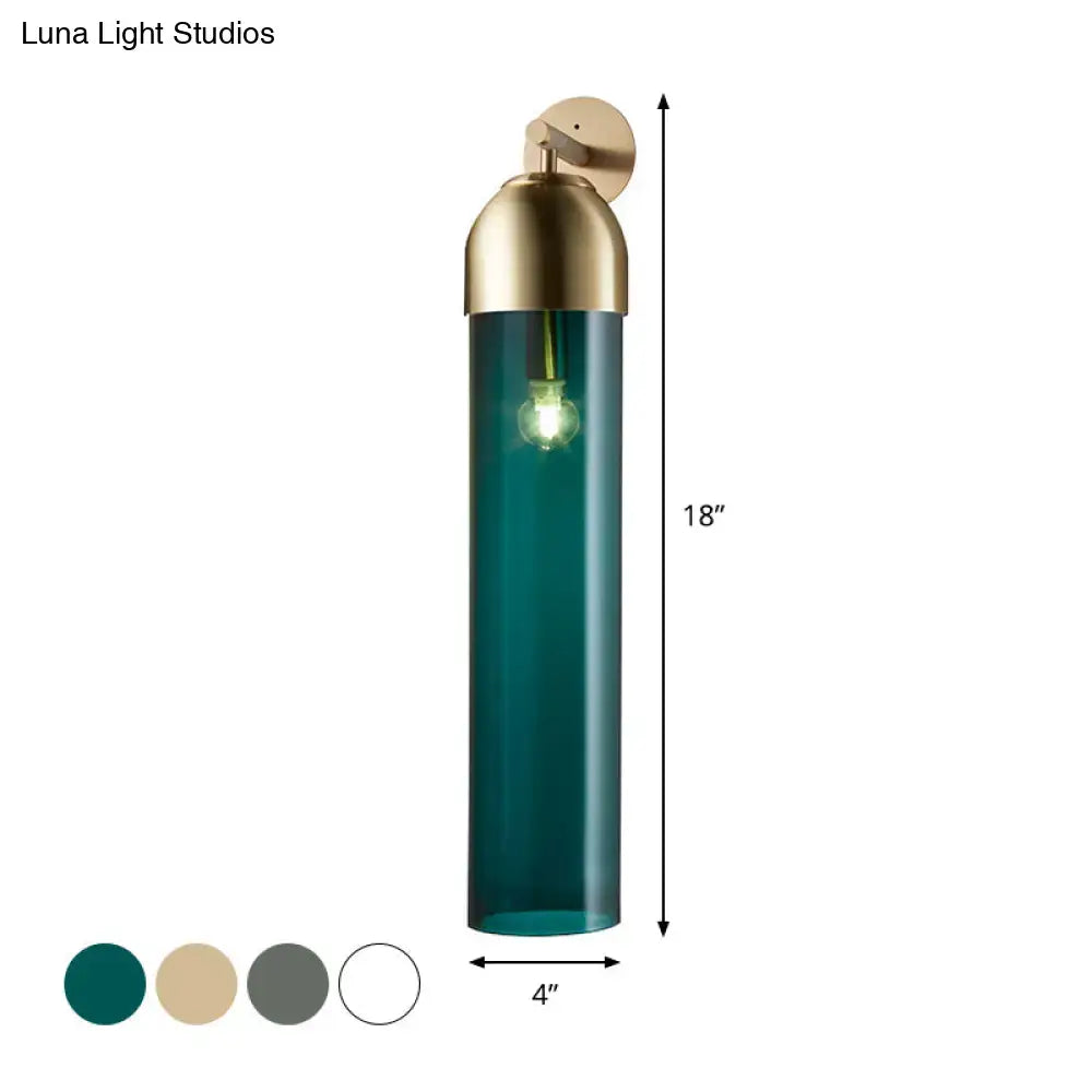 Decorbites metallic tube sconce light with teal glass tube and brass cap, 18 in tall, 4 in dia on Tampa Home & Garden Store
