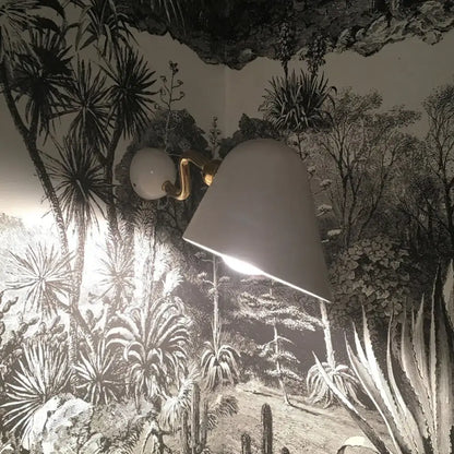 Gold wall sconce light by Decorbites, white shade, brass arm on Tampa Home & Garden Store