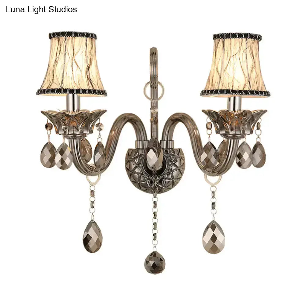 Modernist smoke grey crystal wall sconce, two-arm with teardrops and beige shade Decorbites on Tampa Home & Garden Store