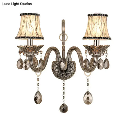 Modernist smoke grey crystal wall sconce, two-arm with teardrops and beige shade Decorbites on Tampa Home & Garden Store