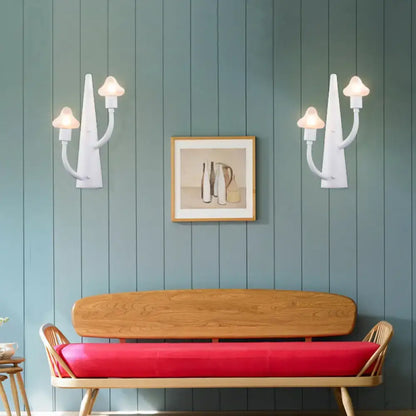 White Ceramic Glass Sconce pair Decorbites wall lamps with mushroom shades on blue wall on Tampa Home & Garden Store
