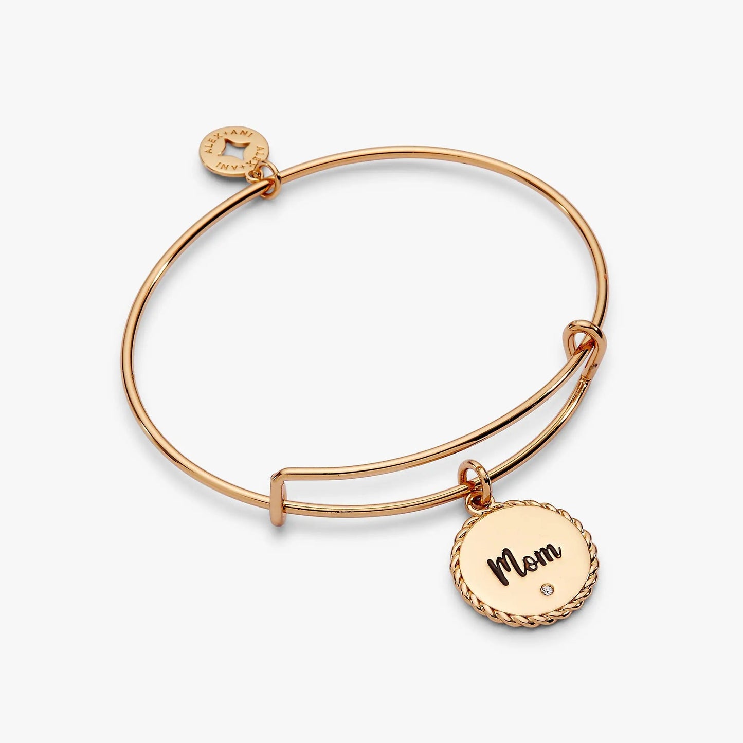 Bracelet: ALEX AND ANI Mom charm bangle with rose-gold finish and round Mom pendant on Tampa Home & Garden Store
