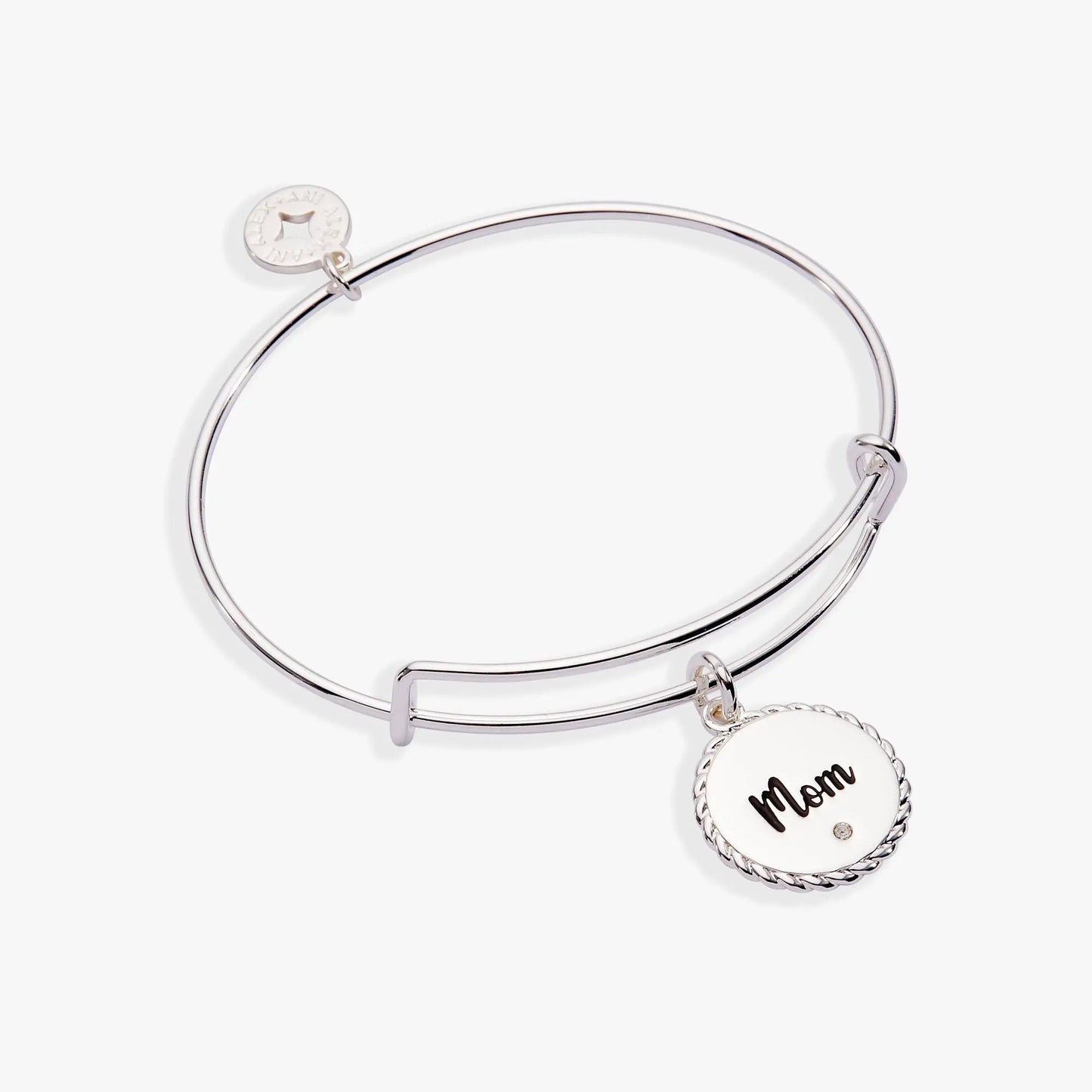 Bracelet Alex and Ani silver bangle with two charms, small brand tag and larger Mom disc on Tampa Home & Garden Store