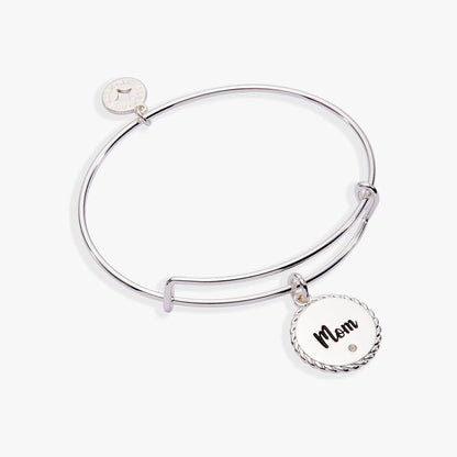 Bracelet Alex and Ani silver bangle with two charms, small brand tag and larger Mom disc on Tampa Home & Garden Store