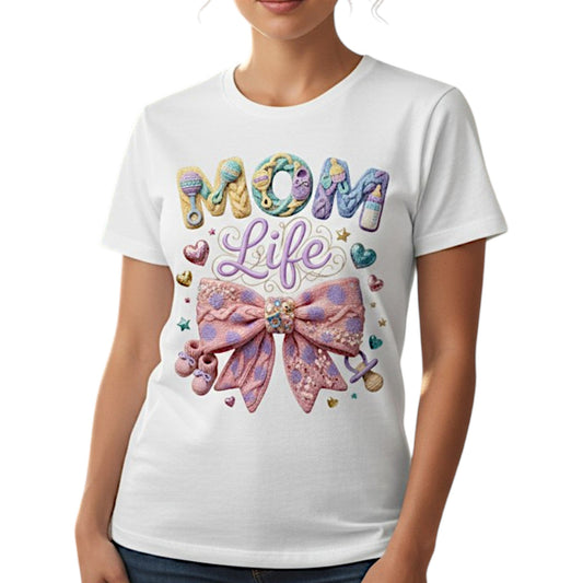 Mom Life Cotton Tee With Bow And Pastel Print