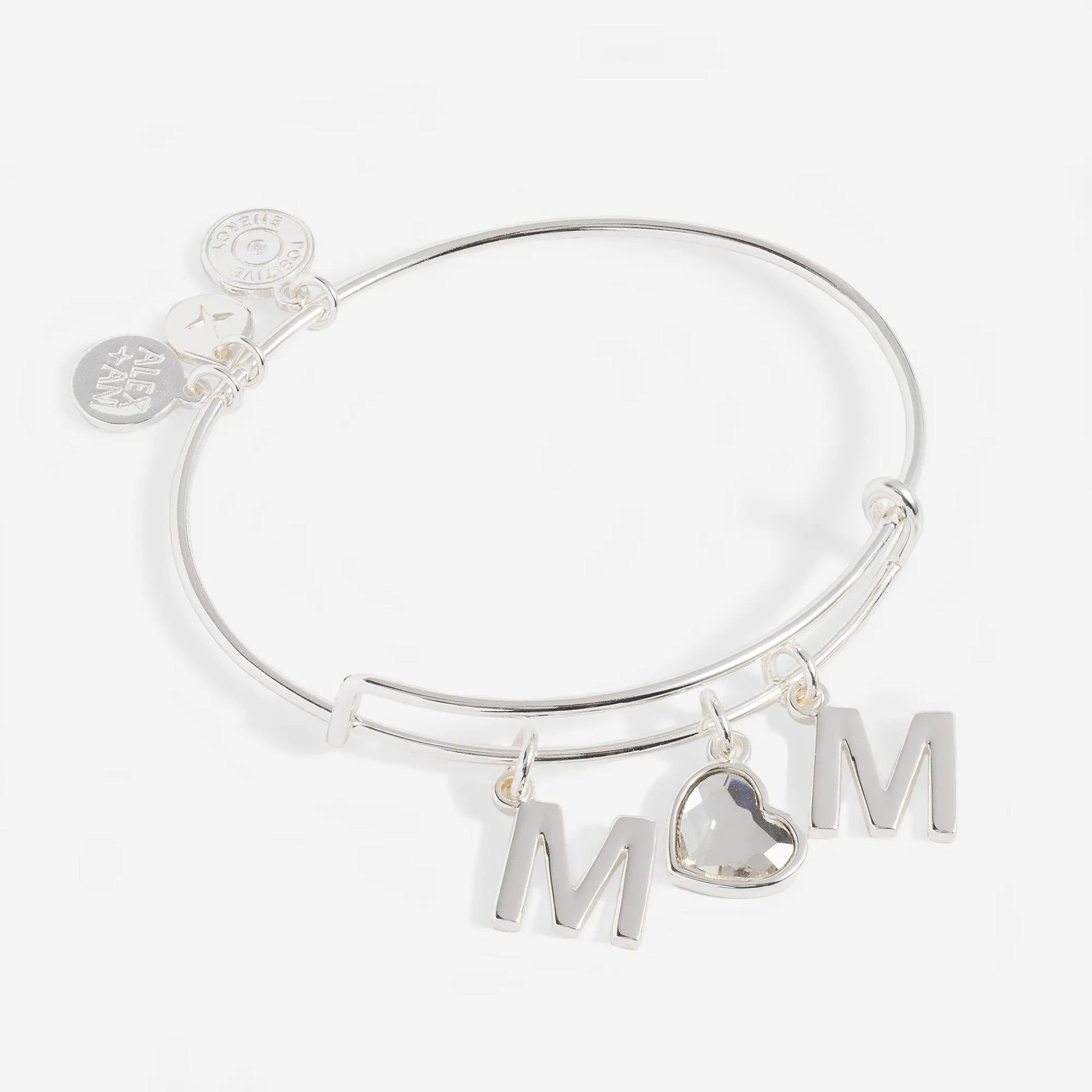 Alex and Ani Crystal Mom Bangle in silver-tone with MOM letter charms and a crystal heart charm on Tampa Home & Garden Store