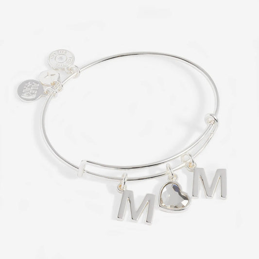 Alex and Ani Crystal Mom Bangle in silver-tone with MOM letter charms and a crystal heart charm on Tampa Home & Garden Store
