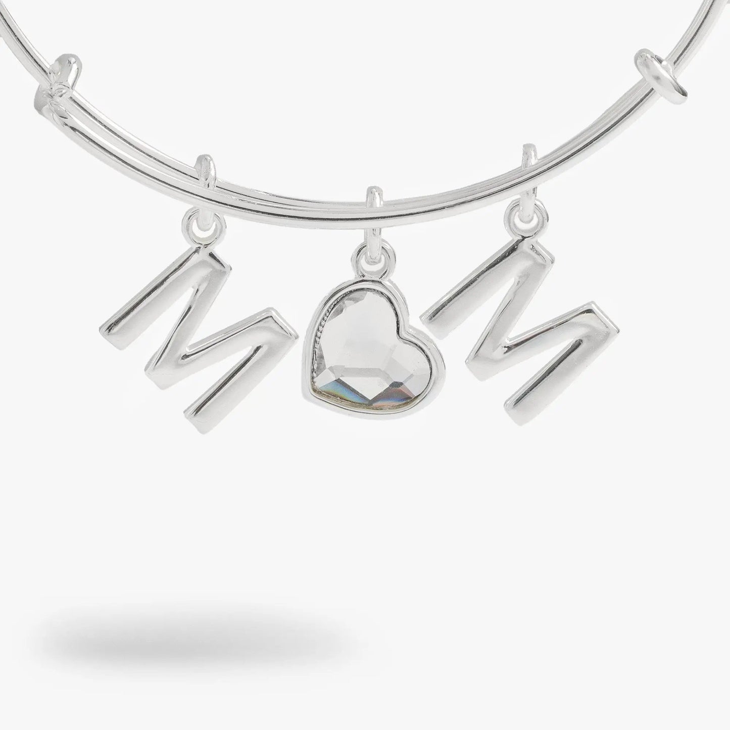 Crystal Mom Bangle with MOM letters and crystal heart pendant in silver tone on Tampa Home & Garden Store