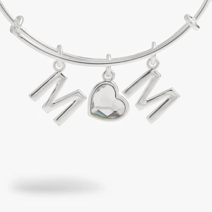 Crystal Mom Bangle with MOM letters and crystal heart pendant in silver tone on Tampa Home & Garden Store