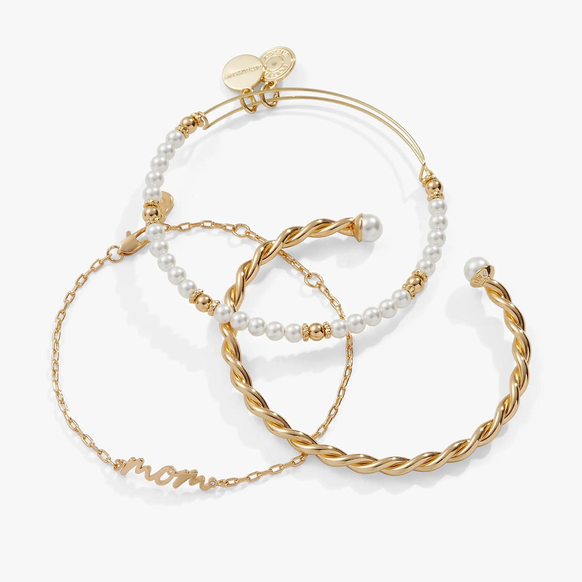 Mom Script Bracelet Set of 3 by ALEX AND ANI featuring gold-tone bands and white pearl beads on Tampa Home & Garden Store