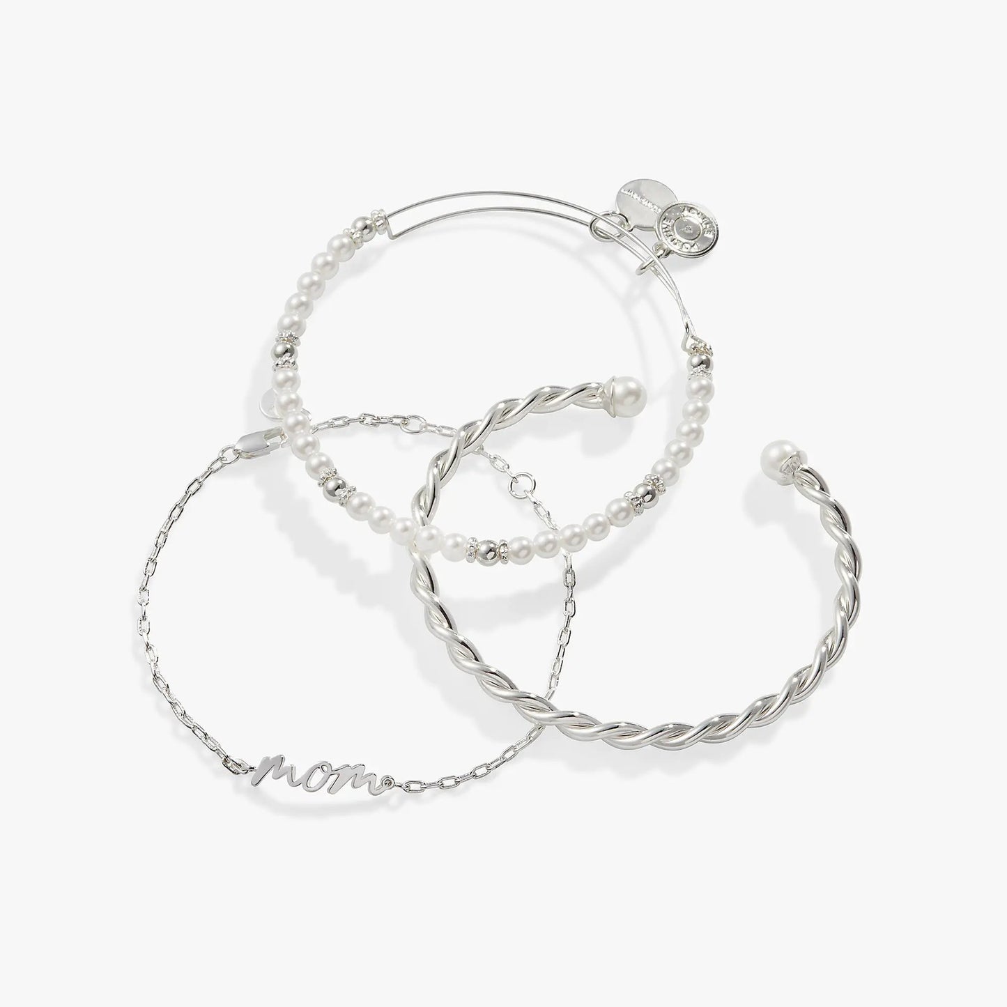 Mom Script Bracelet Set of 3, ALEX AND ANI; silver-tone pearl beads and twisted chain bangles on Tampa Home & Garden Store