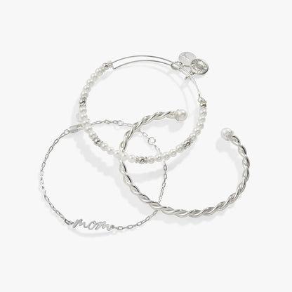 Mom Script Bracelet Set of 3, ALEX AND ANI; silver-tone pearl beads and twisted chain bangles on Tampa Home & Garden Store