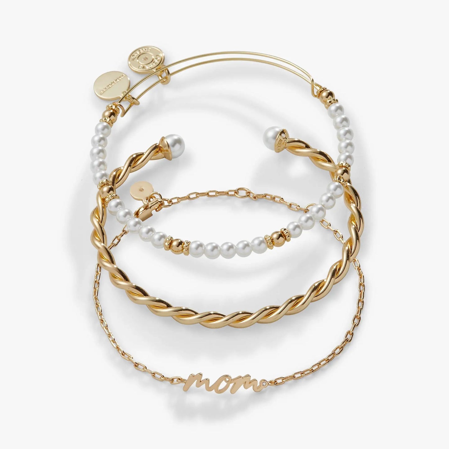 Mom Script Bracelet set of 3 by ALEX AND ANI: gold-tone chain, pearl beads, script band on Tampa Home & Garden Store