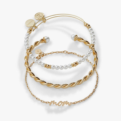 Mom Script Bracelet set of 3 by ALEX AND ANI: gold-tone chain, pearl beads, script band on Tampa Home & Garden Store
