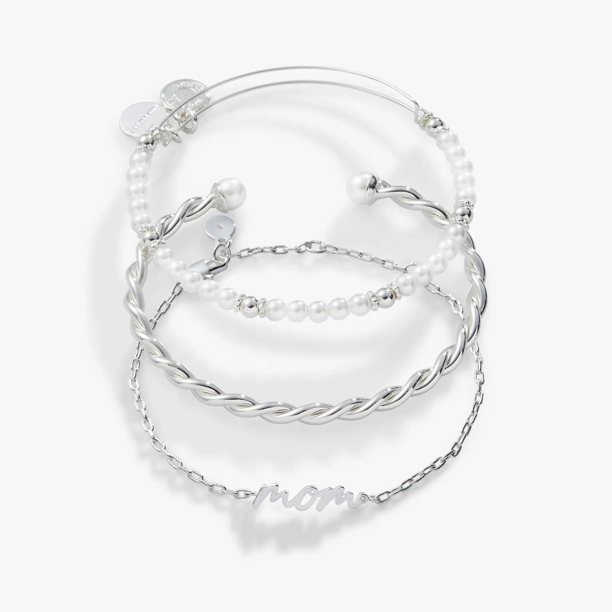 Mom Script Bracelet set of 3 by ALEX AND ANI, silver-tone with pearl bead accents on Tampa Home & Garden Store