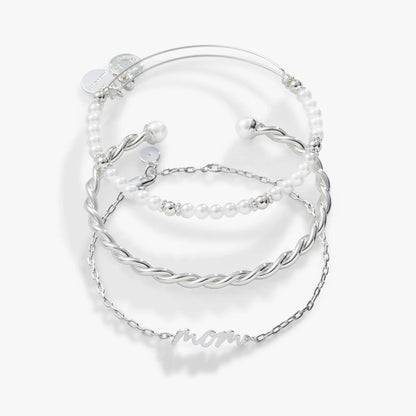 Mom Script Bracelet set of 3 by ALEX AND ANI, silver-tone with pearl bead accents on Tampa Home & Garden Store