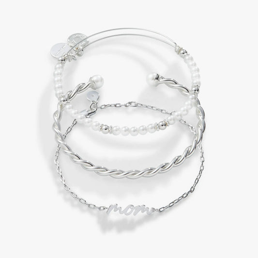Mom Script Bracelet set of 3 by ALEX AND ANI, silver-tone with pearl bead accents on Tampa Home & Garden Store
