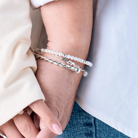 Mom Script Bracelet Set of 3 with pearl beads and silver charms on Tampa Home & Garden Store