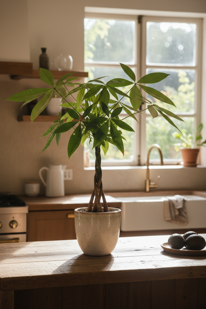 Guiana Chestnut Money Tree with braided trunks in ceramic pot Rooted Treasures Farms on Tampa Home & Garden Store