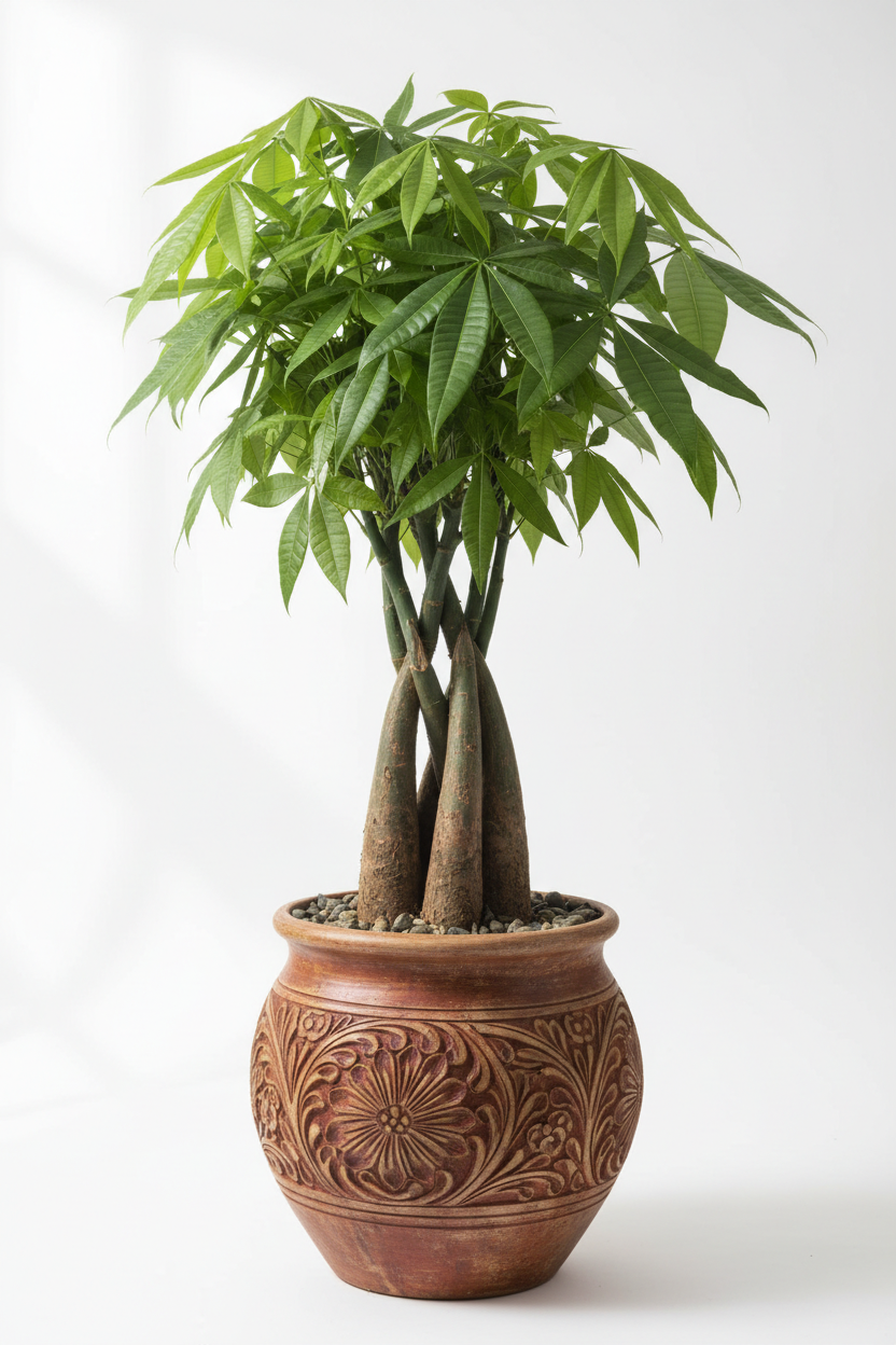 Money Tree Pachira braid indoor plant with four trunks in a decorative terracotta pot on Tampa Home & Garden Store