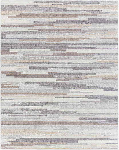 Monkland area rug by Boutique Rugs with muted gray, taupe, and beige horizontal stripe pattern on Tampa Home & Garden Store