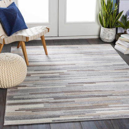 Monkland Area Rug by Boutique Rugs, gray beige striped rug beside a woven chair and two plants on Tampa Home & Garden Store