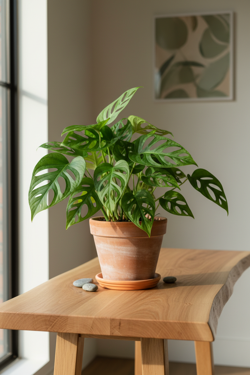 Monstera Adansonii Swiss Cheese 4in plant in terracotta pot by Rooted Treasures Farms on a table on Tampa Home & Garden Store