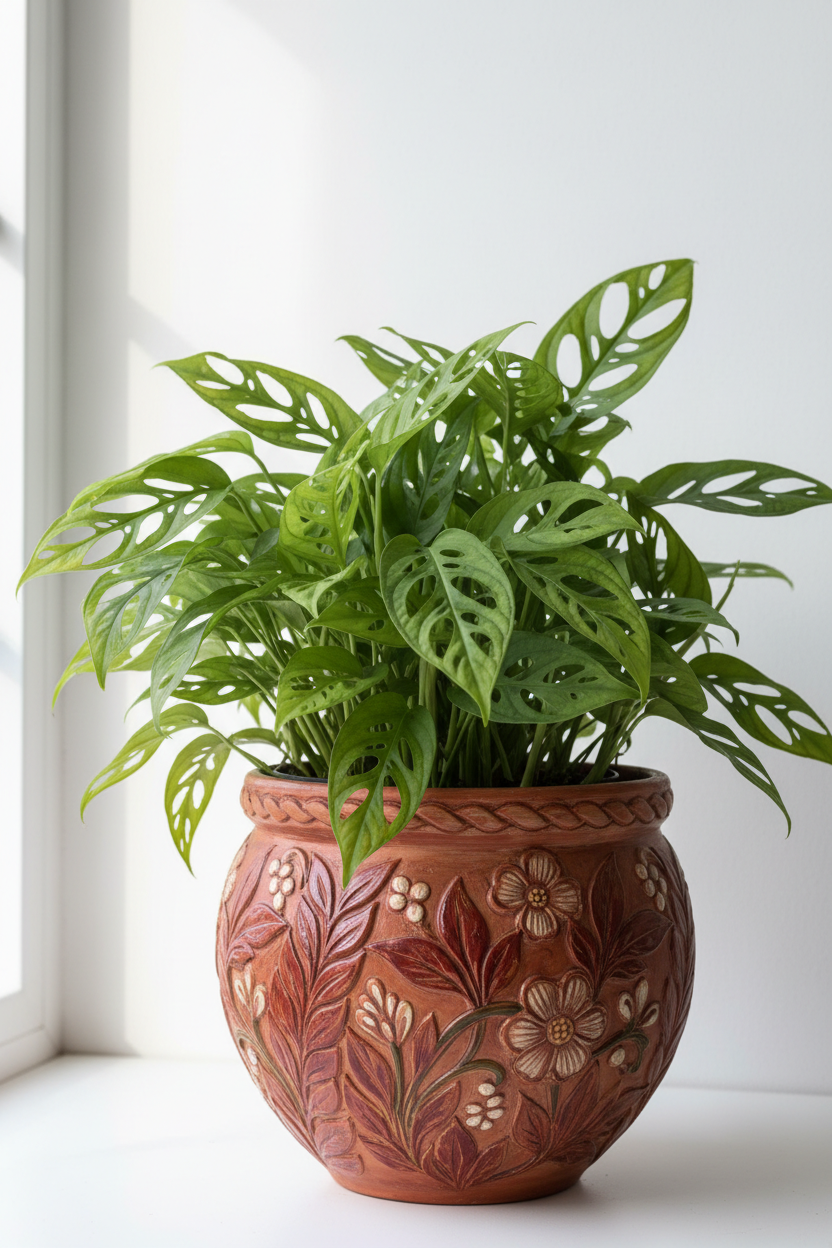 Monstera Adansonii Swiss Cheese plant in 4in pot with fenestrated green leaves in terracotta pot on Tampa Home & Garden Store