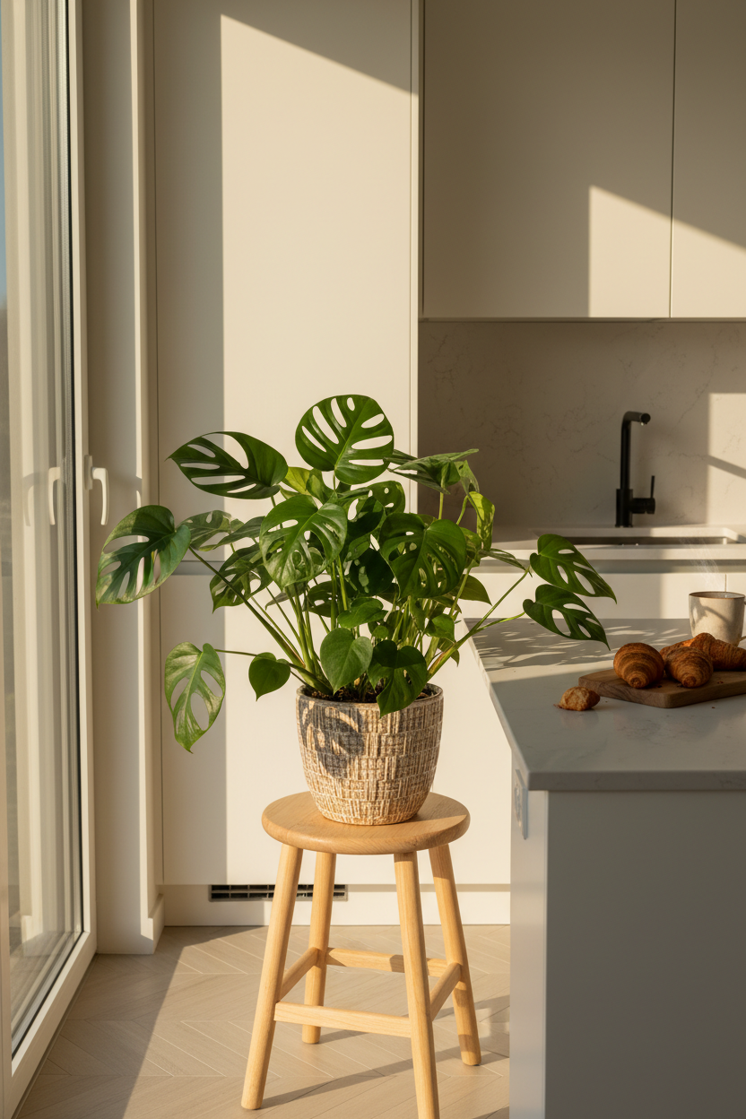 Monstera Adansonii Swiss Cheese plant in a 4 inch nursery pot in a woven basket on a stool on Tampa Home & Garden Store