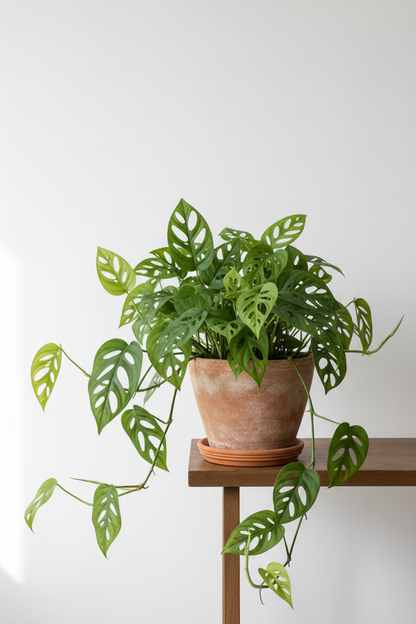 Monstera Adansonii Swiss Cheese plant in pot with trailing vines Rooted Treasures Farms on Tampa Home & Garden Store