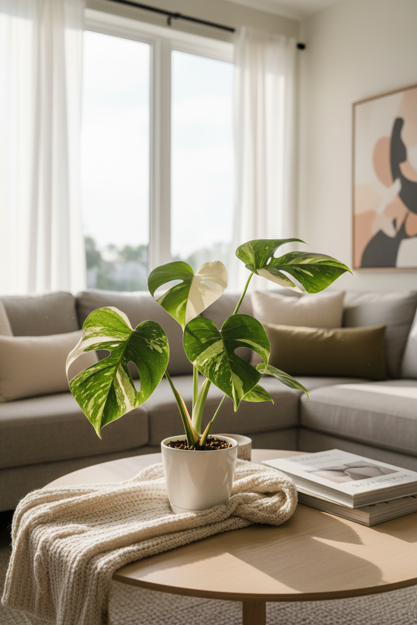 Monstera Mint indoor plant in white pot; variegated green/cream leaves, Rooted Treasures Farms on Tampa Home & Garden Store