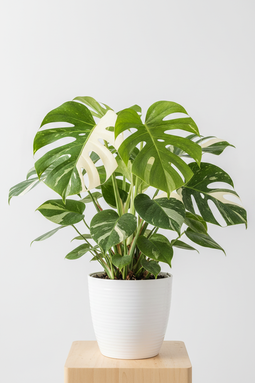Monstera Mint variegated indoor plant in white ceramic pot with green cream leaves on Tampa Home & Garden Store
