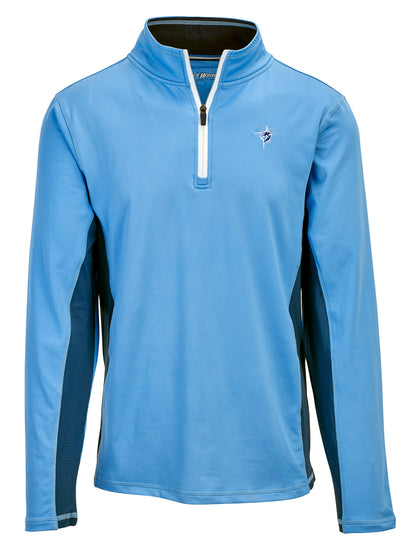 Montauk Quarter Zip Midweight Comfort blue top by White Water Life with white zipper chest logo on Tampa Home & Garden Store