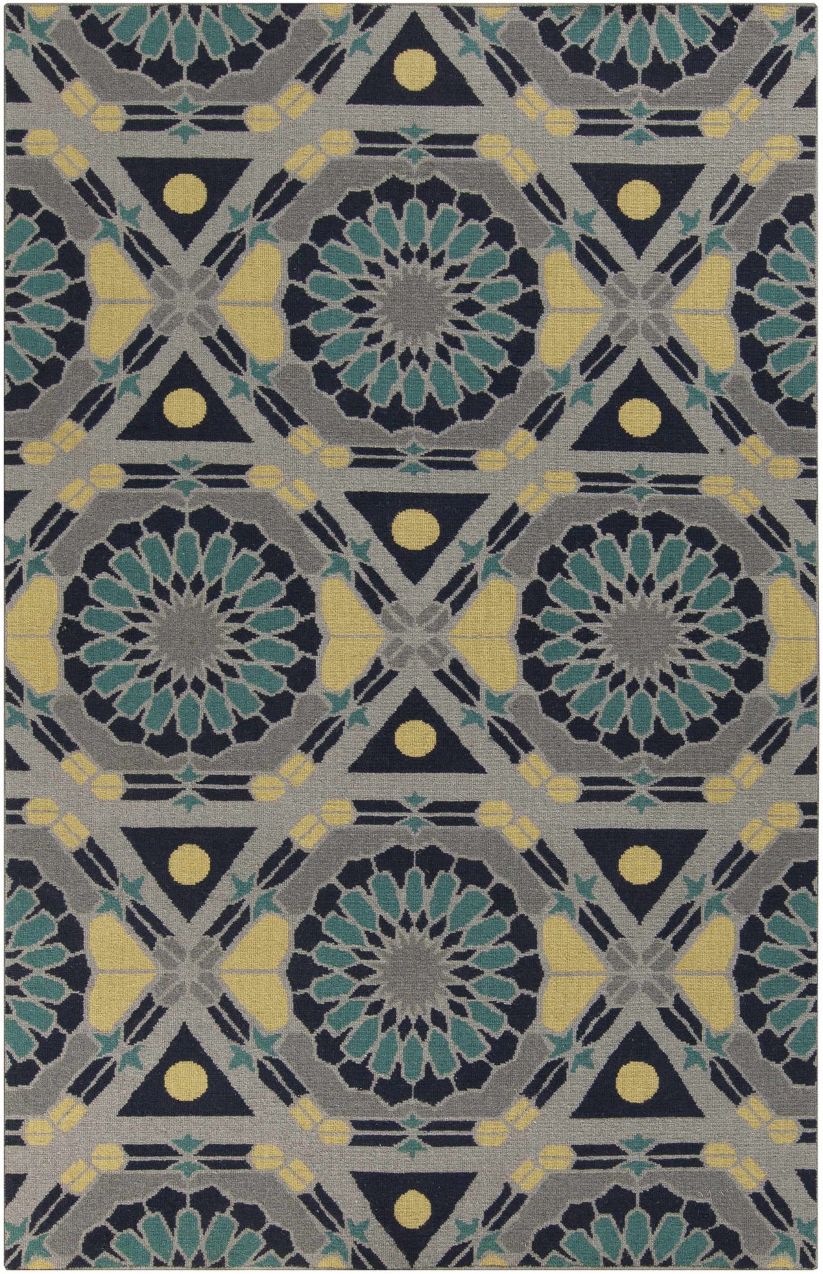 Montesano Area Carpet rug by Boutique Rugs with teal and yellow geometric medallions on gray on Tampa Home & Garden Store