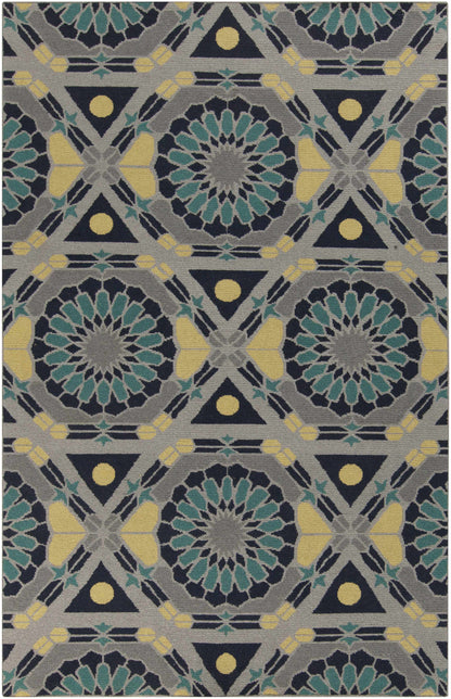 Montesano Area Carpet rug by Boutique Rugs with teal and yellow geometric medallions on gray on Tampa Home & Garden Store