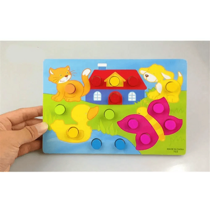 Montessori wooden cartoon animal clock puzzle toy with colorful animals on blue board on Tampa Home & Garden Store