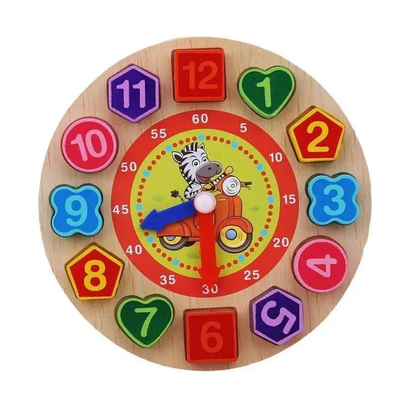 Montessori wooden beaded geometry clock toy with colorful shape-number blocks around a zebra on a scooter for children on Tampa Home & Garden Store