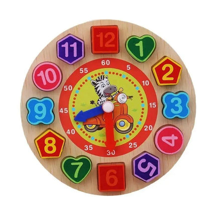 Montessori wooden beaded geometry clock toy with colorful shape-number blocks around a zebra on a scooter for children on Tampa Home & Garden Store