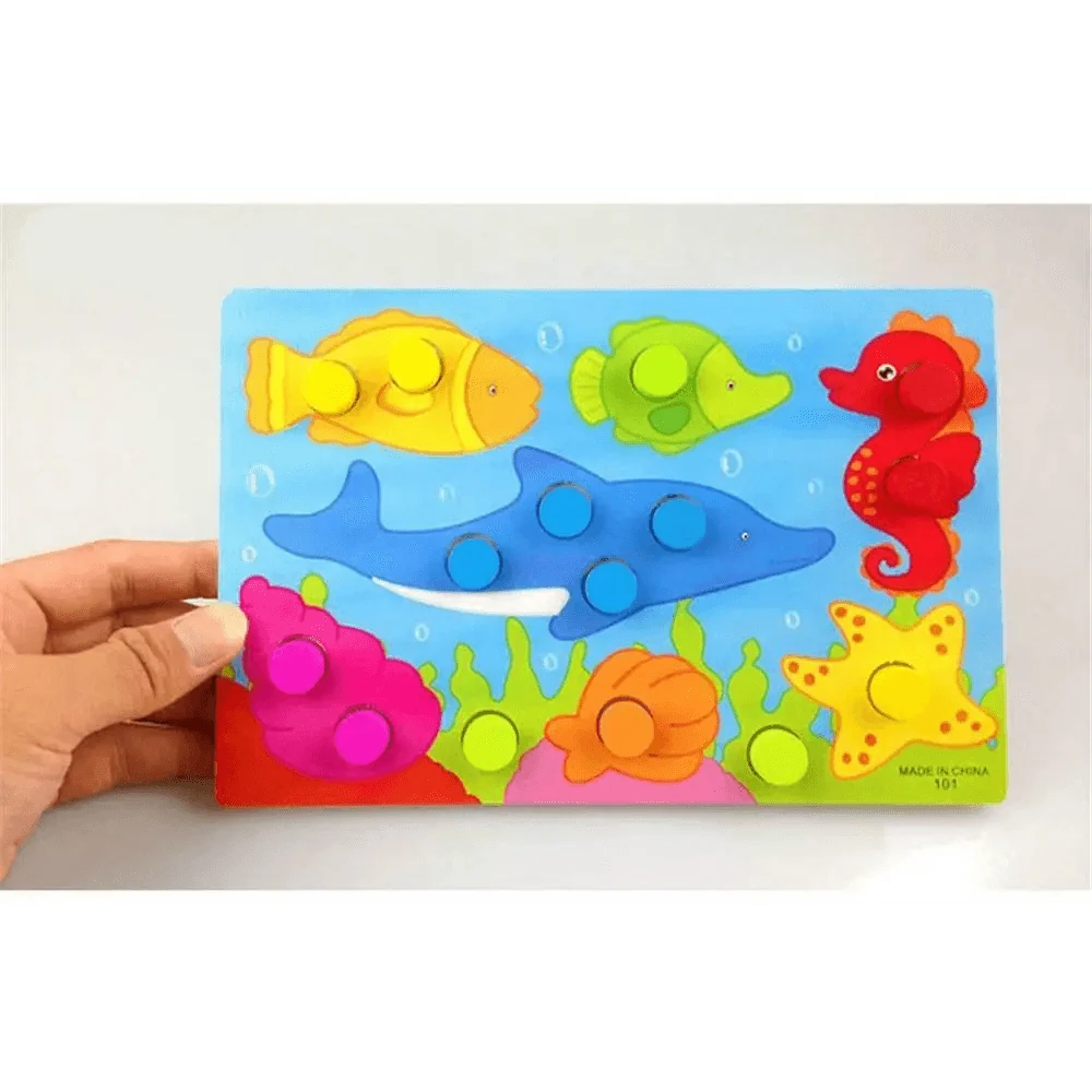 Montessori wooden beaded clock puzzle for children with 7 sea creatures on blue board on Tampa Home & Garden Store