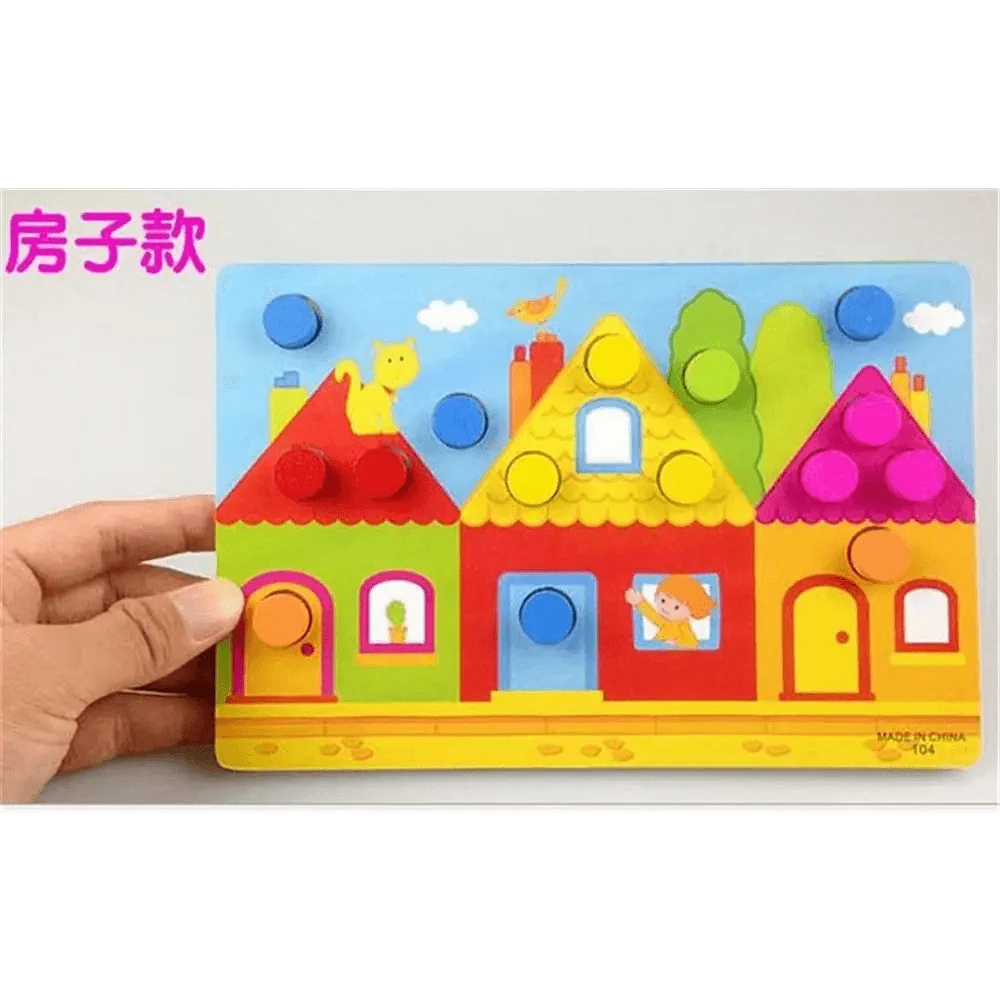 Stevvex Montessori wooden beaded geometry clock puzzle for children with 3 colorful houses on Tampa Home & Garden Store