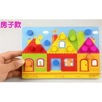 Stevvex Montessori wooden beaded geometry clock puzzle for children with 3 colorful houses on Tampa Home & Garden Store
