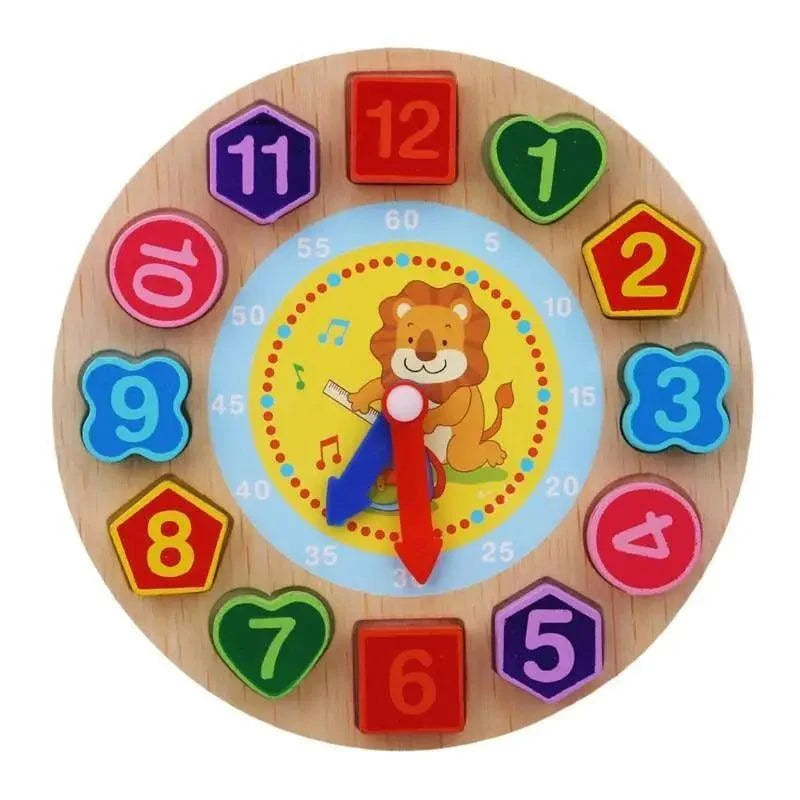 Montessori wooden clock by Stevvex with colorful number shapes around a lion center on Tampa Home & Garden Store