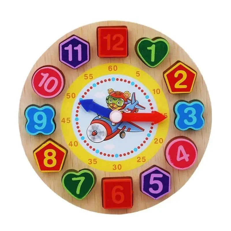 Wooden Montessori clock toy with colorful shape beads and cartoon plane center Stevvex on Tampa Home & Garden Store