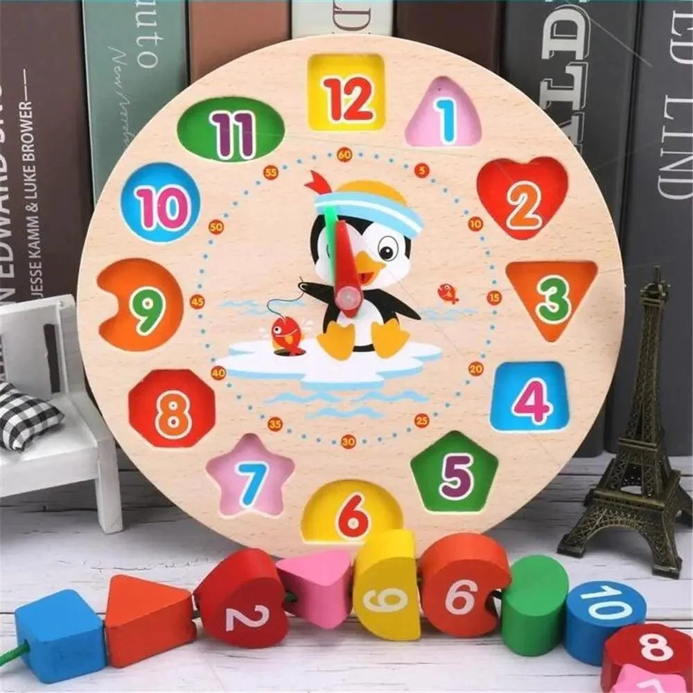 Stevvex Montessori wooden beaded clock puzzle with cartoon penguin and colorful numbers for kids on Tampa Home & Garden Store