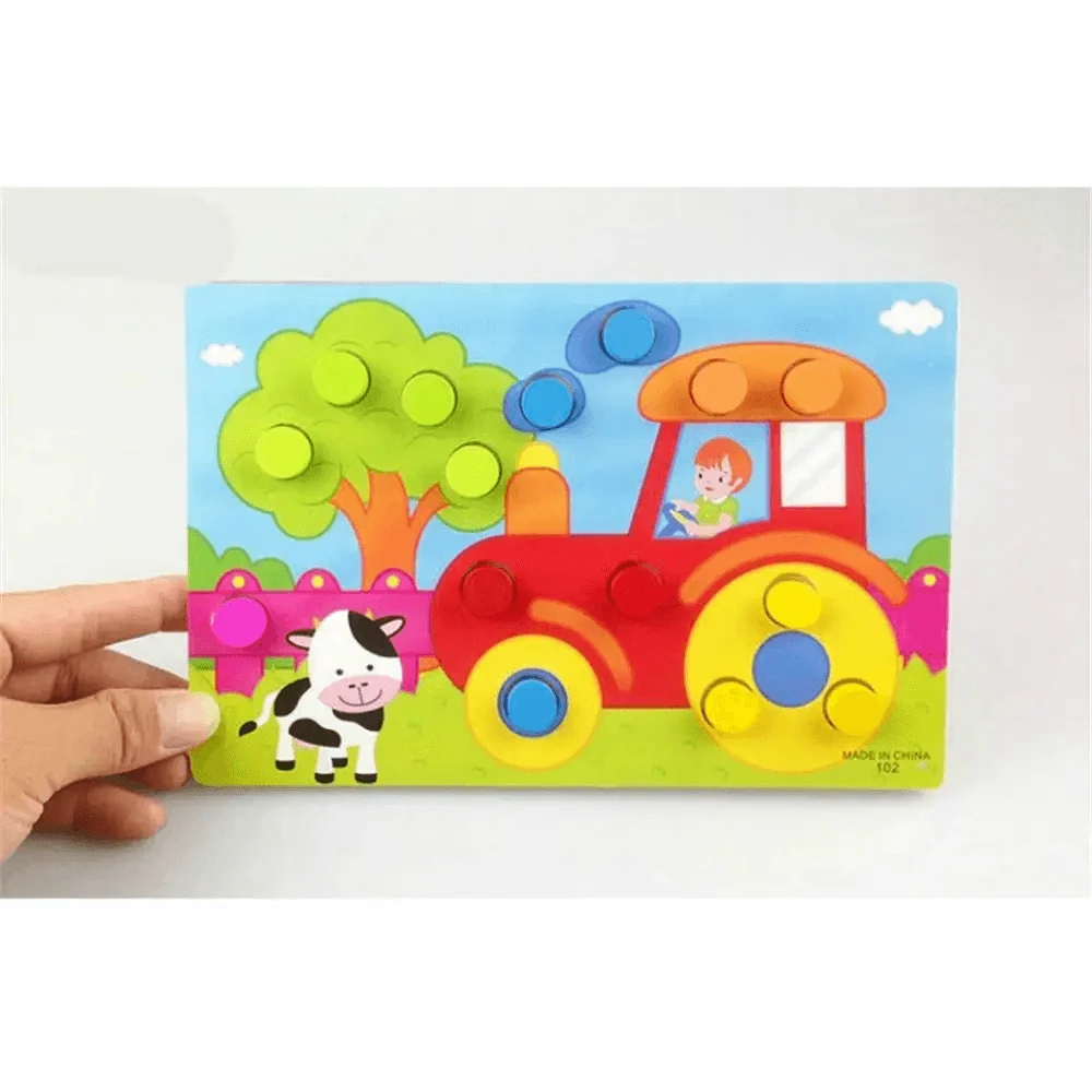 Montessori wooden beaded geometry clock puzzle with a red tractor and cow on a farm scene on Tampa Home & Garden Store